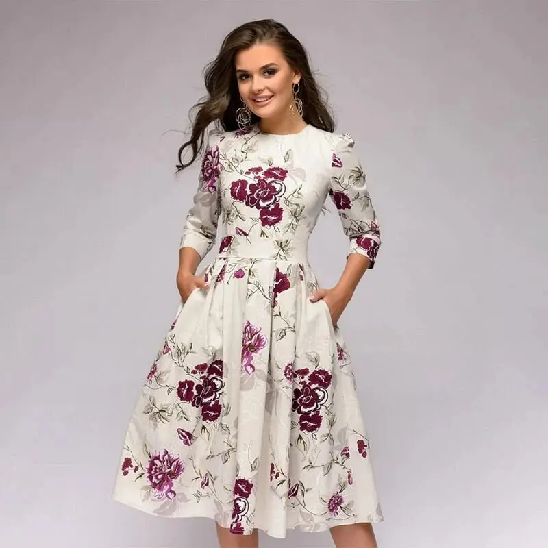 Robe Midi Classique avec Coupe A-Line et Poches Latérales