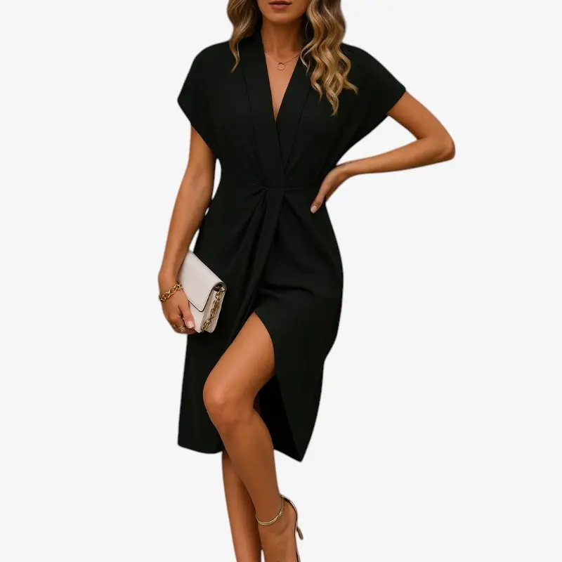 Robe Midi Femme avec Col en V et Manches Évasées