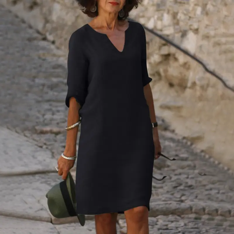 Robe midi femme col V manches courtes