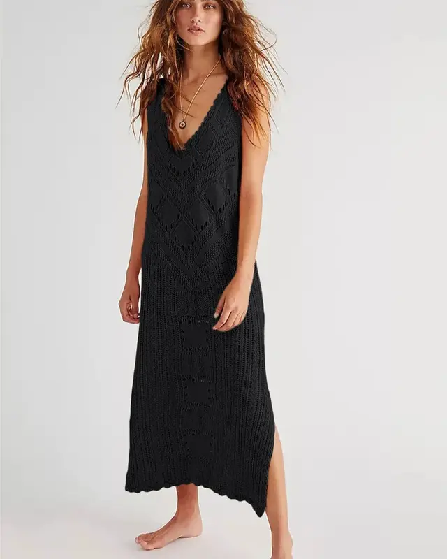 Robe midi femme col V profond sans manches
