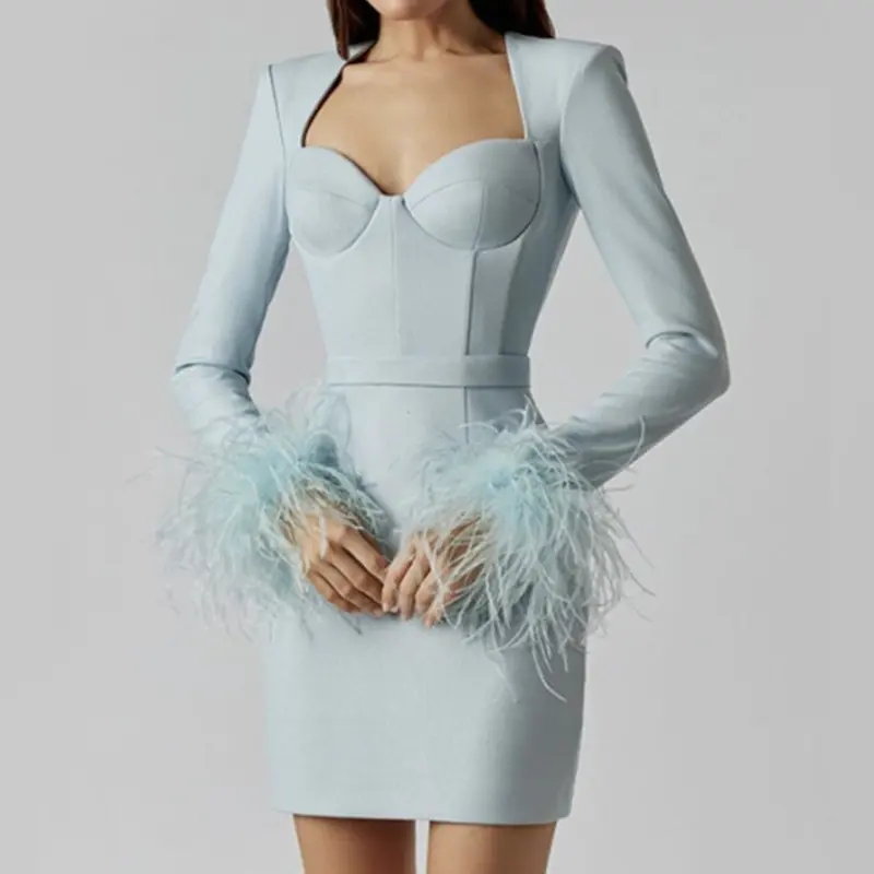 Robe midi femme manches longues avec ceinture taille haute