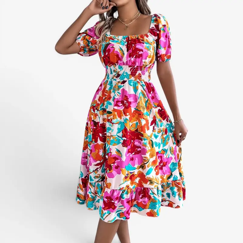 Robe Midi Fleurie à Épaules Dénudées