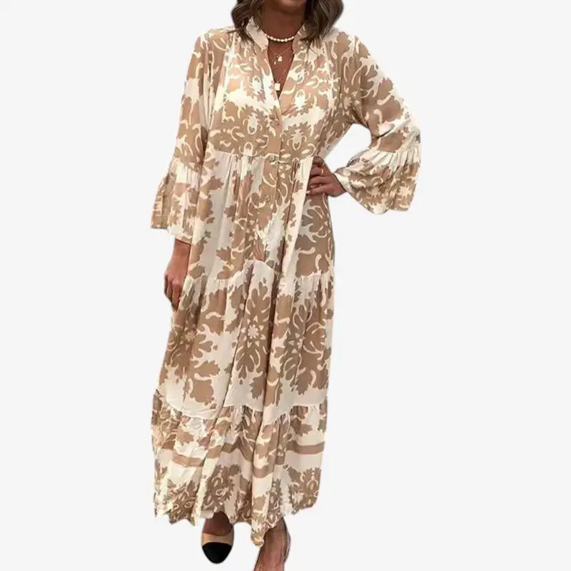 Robe Midi Imprimée à Col V et Manches Longues
