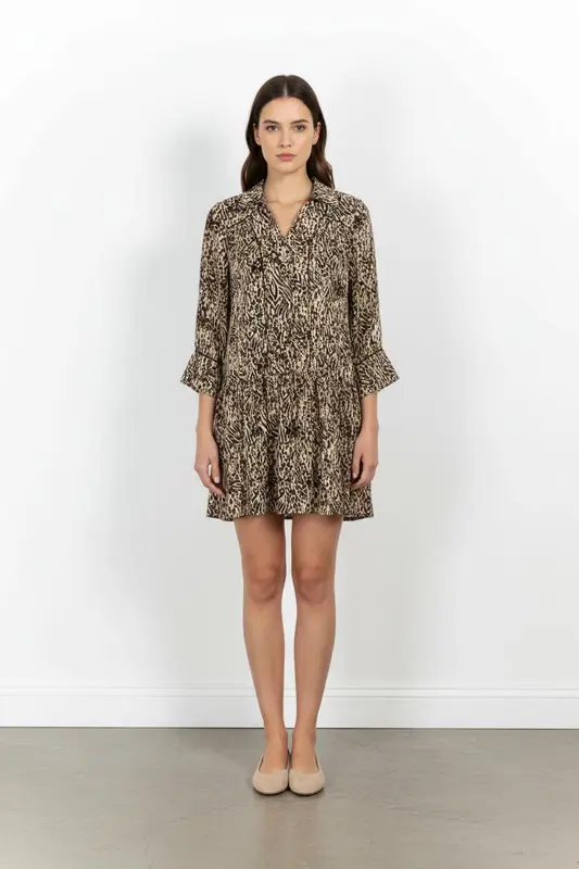 Robe Midi Imprimée Beige et Noir - Taille XS/34