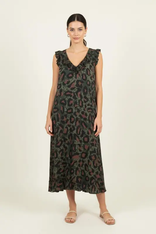 Robe Midi Verte et Marron - Taille XS/34