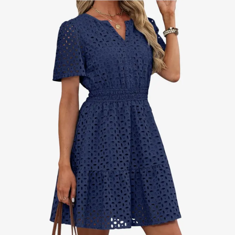 Robe mini femme brodée à col V