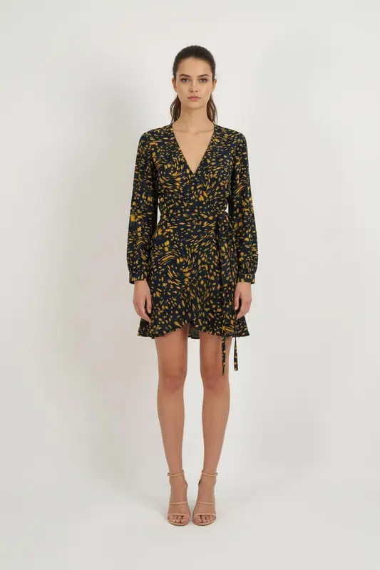 Robe Portefeuille Bleu Marine et Jaune - Taille M/38
