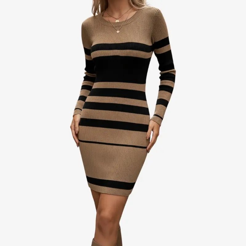 Robe rayée manches longues col rond