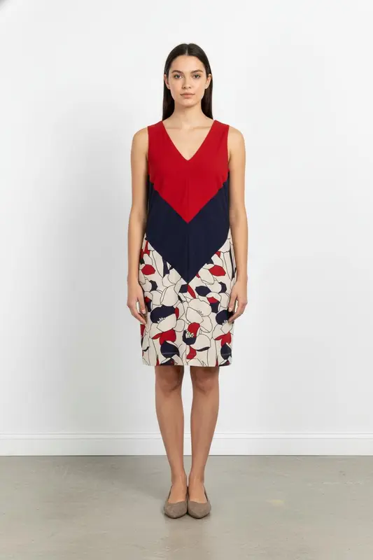 Robe Sans Manches Rouge Marine et Beige - Taille L/40