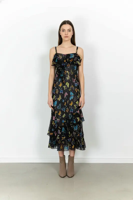 Robe Volantée Noire et Multicolore - Taille S/36