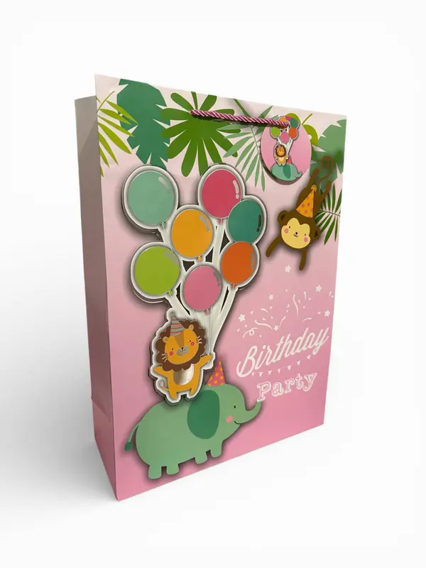 Sac cadeau « fête d’anniversaire » motif savane 30 x 41,5 x 12 cm