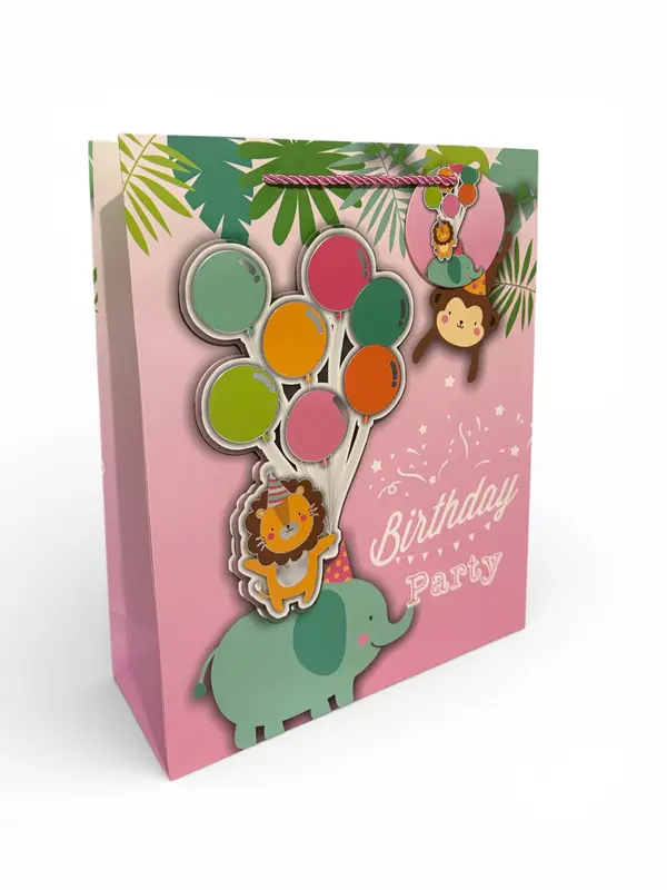Sac cadeau fête d’anniversaire motif savane ballon – 26 × 32 × 10 cm