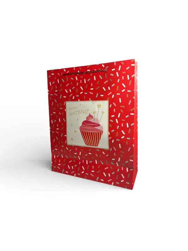 Sac cadeau joyeux anniversaire motif cupcake confetti rouge 26 x 32 x 10 cm