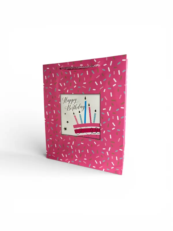 Sac cadeau joyeux anniversaire motif gâteau confetti rose 26 x 32 x 10 cm