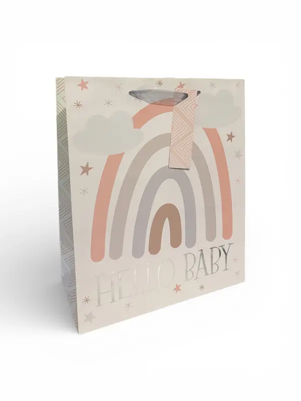 Sac cadeau motif arc-en-ciel « Bonjour bébé » – 25 × 30 × 12,5 cm