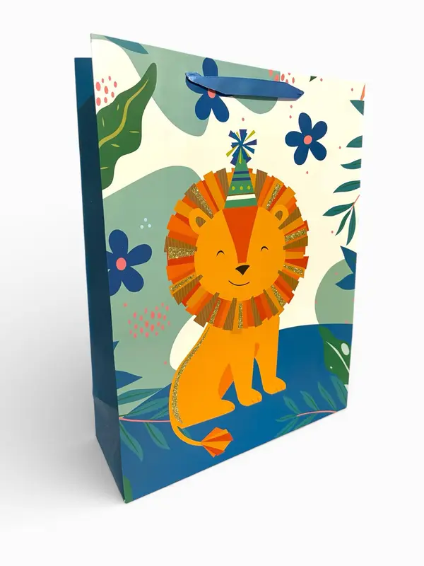 Sac cadeau motif lion chapeau de fête pailleté 30 x 41,5 x 12 cm
