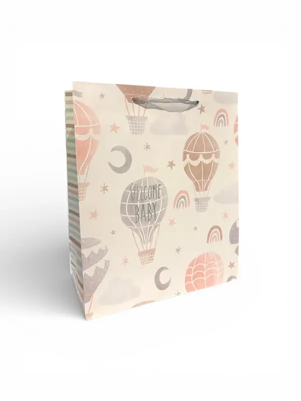Sac cadeau motif montgolfière « Bienvenue bébé » – 25 × 30 × 12,5 cm