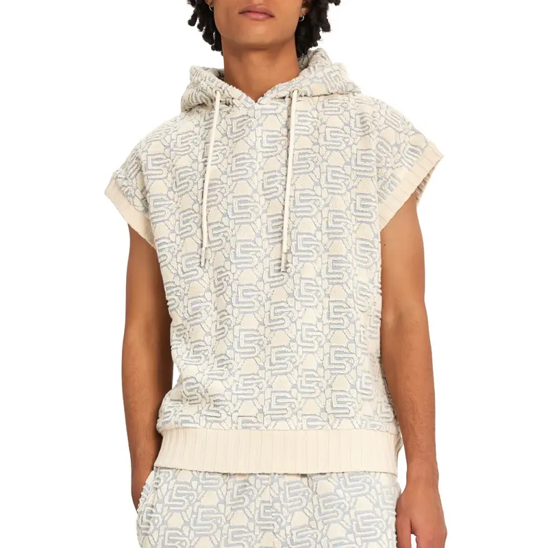 Sleeveless Monogram Hoodie | ECRU/SKY BLUE