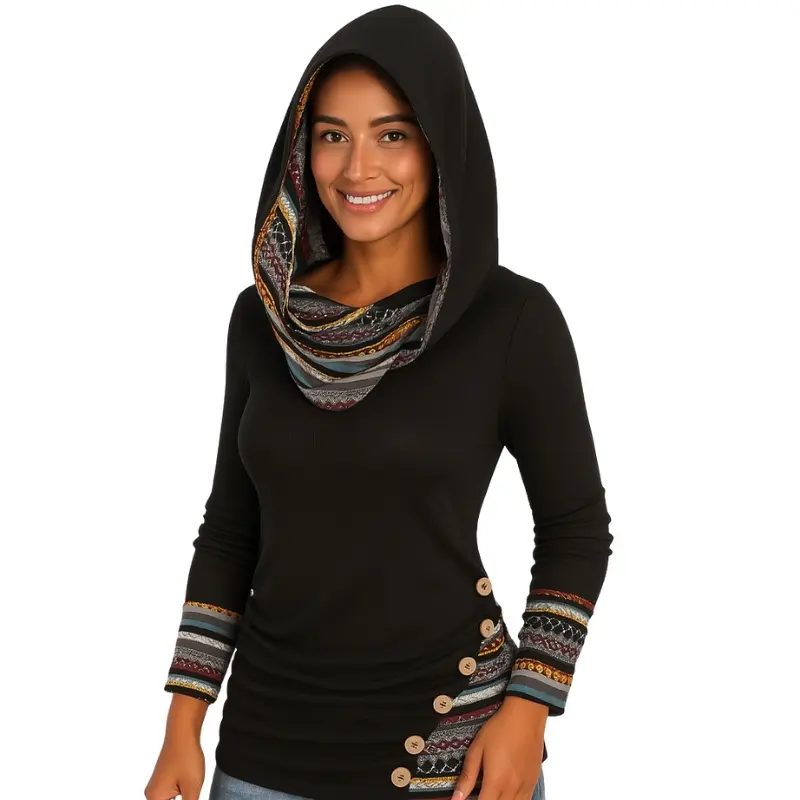 Sweat à capuche à manches longues avec boutons décoratifs