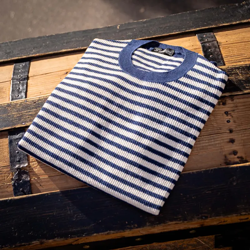T-shirt en maille de lin et coton bleu/blanc
