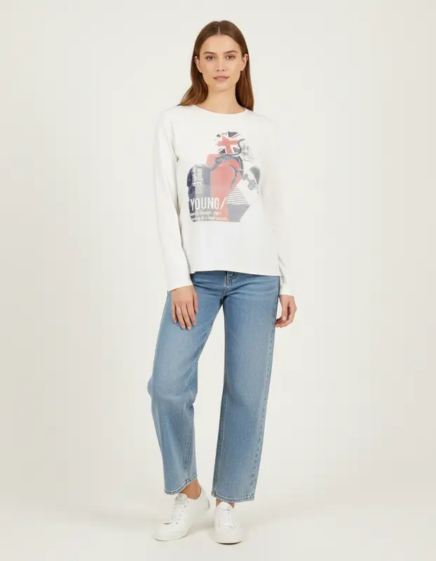 T-shirt manches longues blanc à motifs - Taille M/38