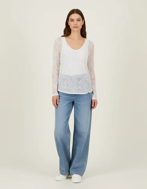 T-shirt manches longues blanc à motifs zèbre semi-transparent col V - Taille XS/34