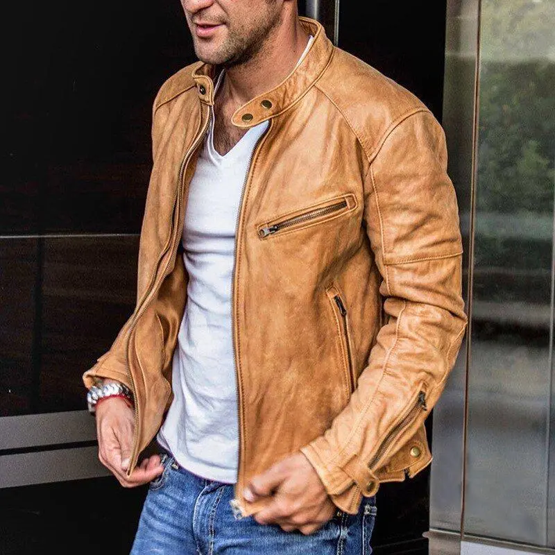 Veste biker homme en cuir, multipoches zippées modernes