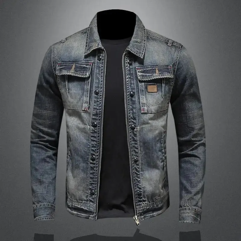 Veste en denim rétro à manches longues avec col montant