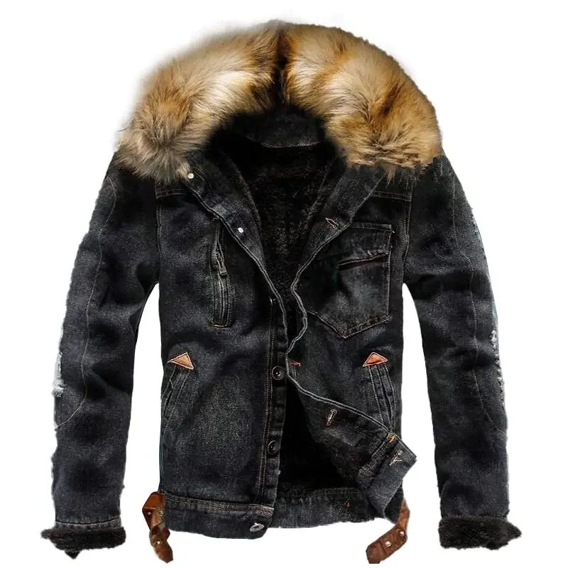 Veste en jean vintage femme avec col en fausse fourrure amovible