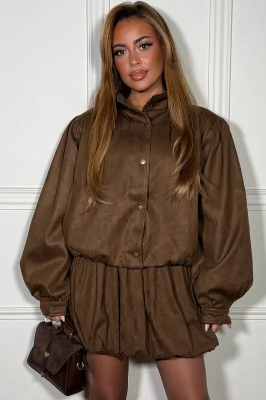 Veste Épaulettes Col Montant en Suédine - Élégance Moderne Femme