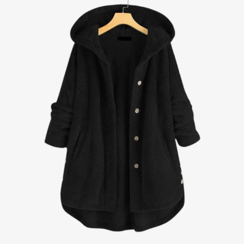 Veste femme à capuche manches longues avec poches et fermeture à boutons