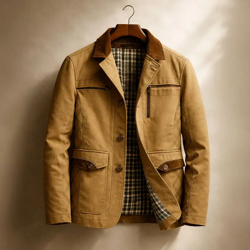 Veste field homme en twill de coton, col suédé, doublure carreaux