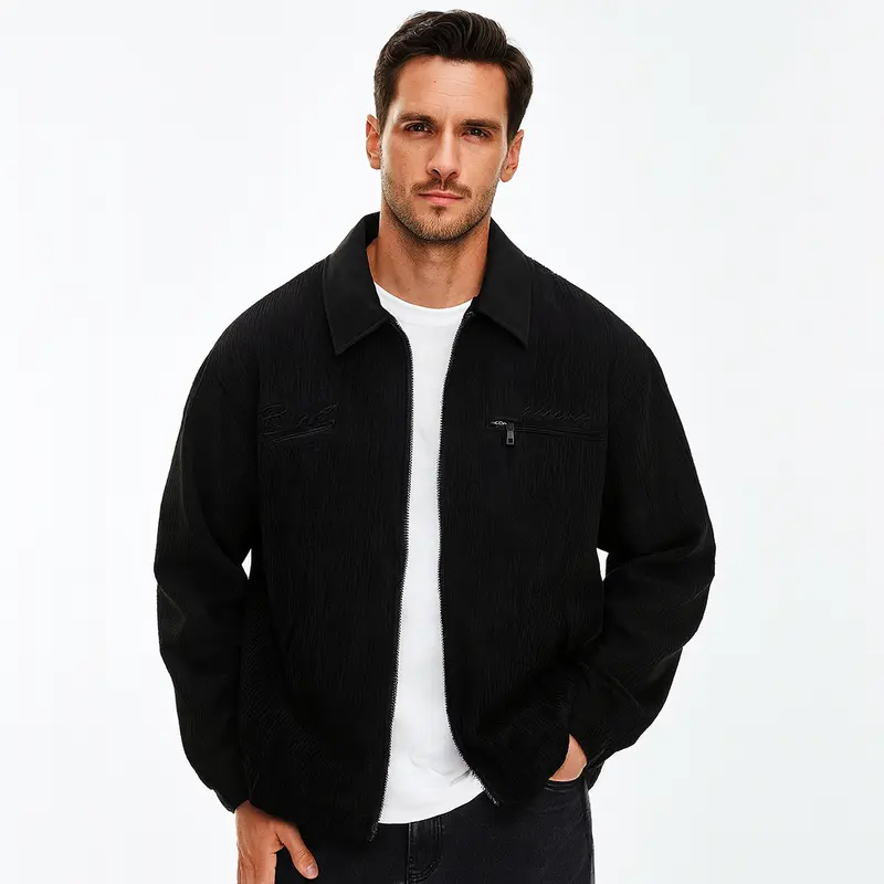 Veste homme en tissu côtelé à col montant, zip intégral