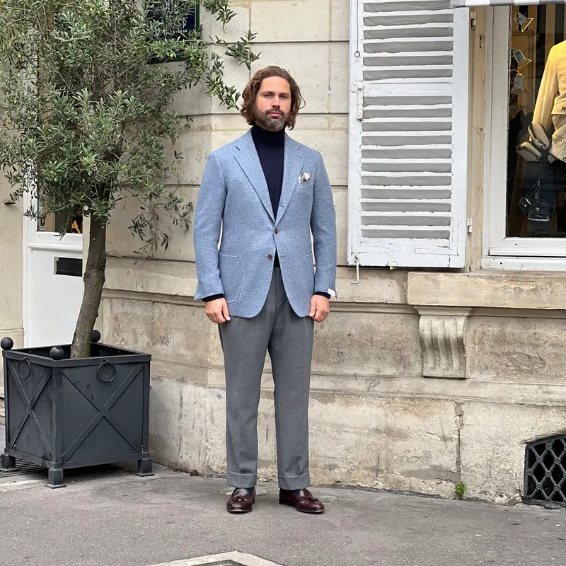 Veste napolitaine bleu clair laine, lin et soie