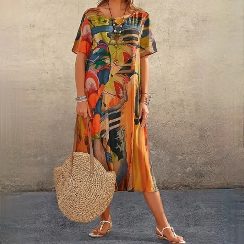 Zanaria - Robe ample décontractée à col rond et motif imprimé artistique
