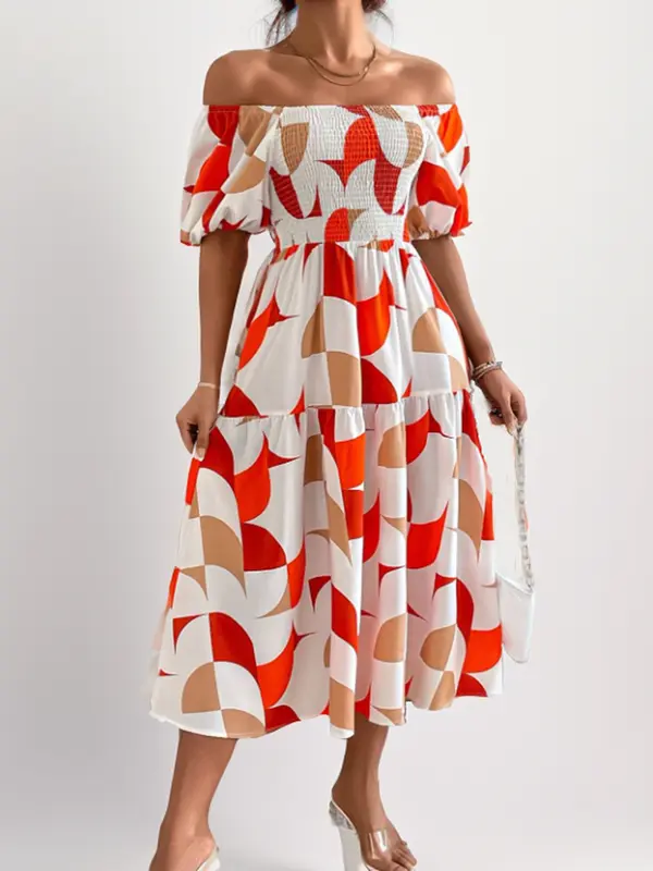 Zoe - Robe midi imprimée à épaules dénudées