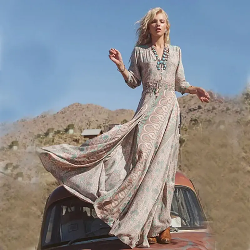 Zulana - Robe longue bohème imprimée Manches volantées, fentes pour mouvement